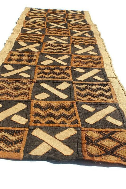 Authentic Congo Kuba, Shows Cloth fabric. Rafia palm fiber textile. Brown, beige, black, Orange African Home gifts, table runner/Wall Decor