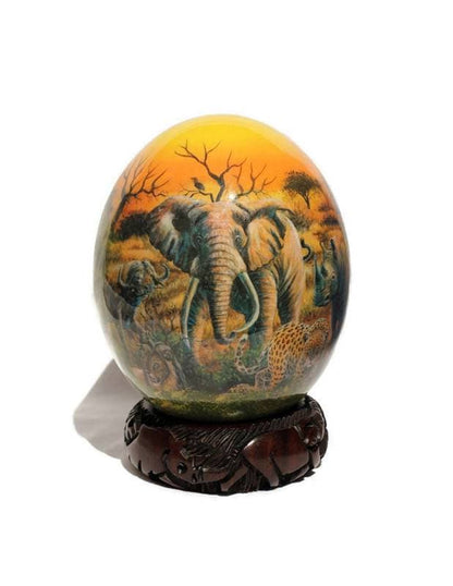 Sunset Themed Handpainted African Big Five Decoupage Art With African Map on an authentic Ostrich Egg Shell. Gifts for home/Office decor