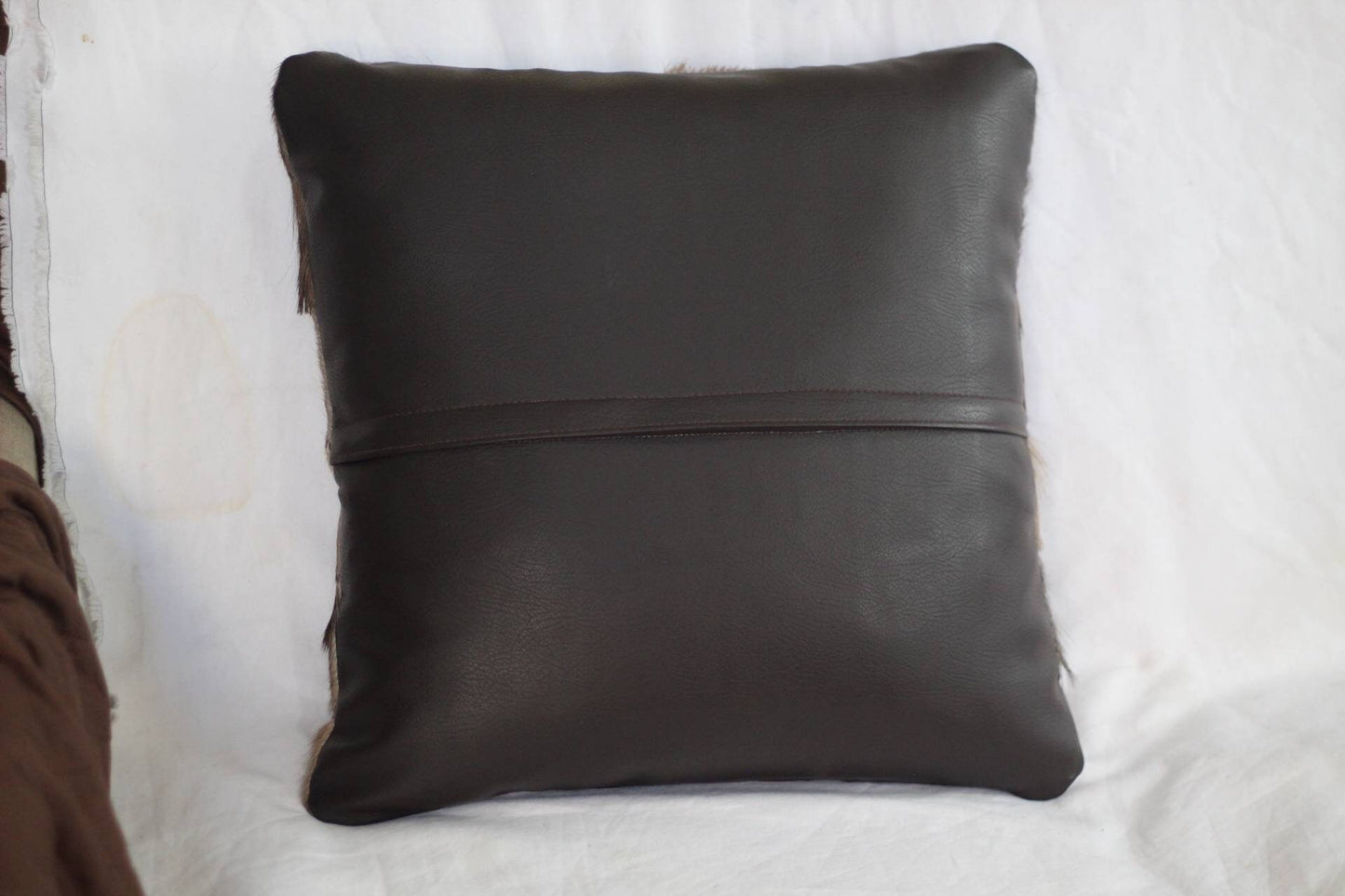 Brown leather pillow cover l, Mix of Blesbok, Black Springbok, Kudu, Wildebeest 17"x17". Square Patchwork, Decorative Cushion. Ships Express