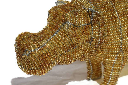 3D Beaded African Hippopotamus Sculpture. Brown/Gold  beads mix and wire handmade by Job Guwhe. African Art gifts/Souvenirs. Ships Express