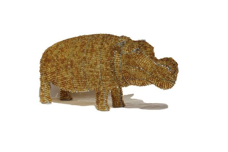 3D Beaded African Hippopotamus Sculpture. Brown/Gold  beads mix and wire handmade by Job Guwhe. African Art gifts/Souvenirs. Ships Express