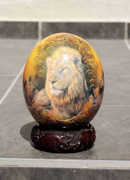 Sunset Background Lion Family Decoupage print on an authentic Ostrich Egg Shell. African Art theme Anniversary gifts for home/Office Decor