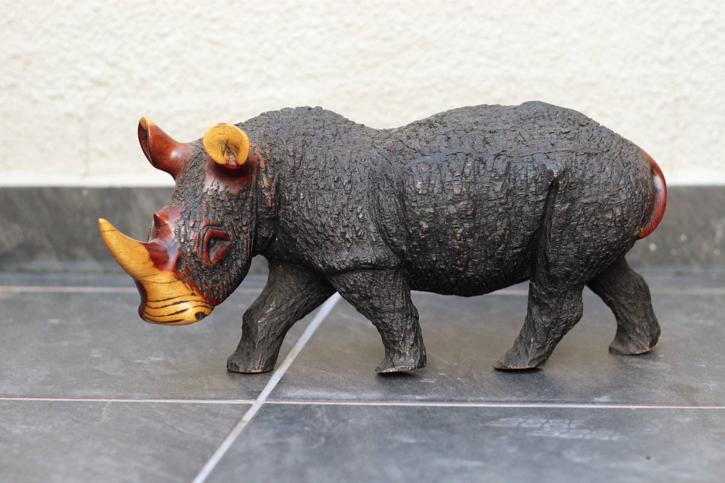 Fine Art Walking Rhino Figurine, lifelike Wooden Sculpture. Large Zimbabwean handcarved Black/Brown home or office decoration. Ships Express