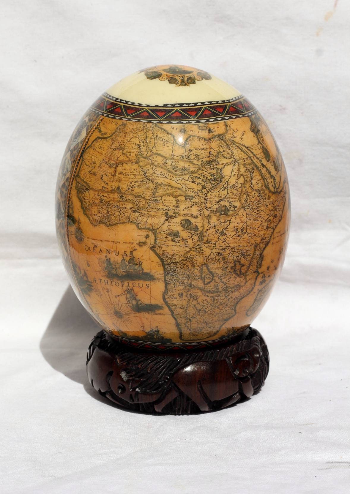 African Big Five Animals and Map Decoupage Ostrich Egg shell. Daylight Safari Art gifts. Unique Ornament with wood ring stand. Ships Express