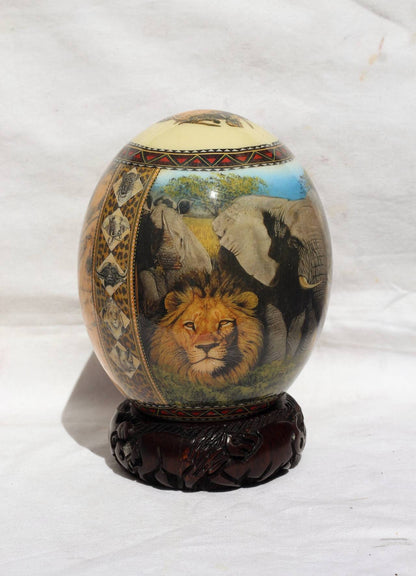 African Big Five Animals and Map Decoupage Ostrich Egg shell. Daylight Safari Art gifts. Unique Ornament with wood ring stand. Ships Express