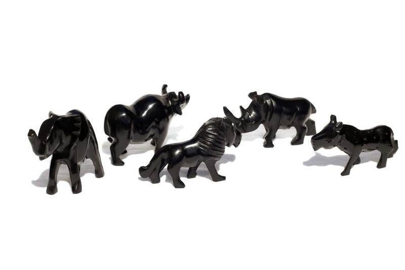 Black Carved Big Five Animals mini figurines. Mahogany wood Set of 5 standing home decor Sculptures. Zambian style hardwood art gifts.