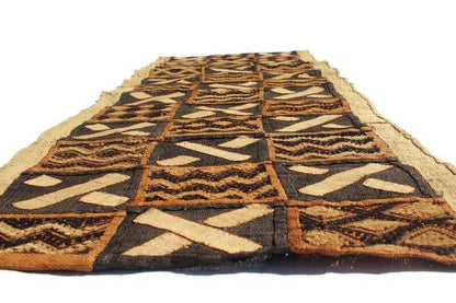 Authentic Congo Kuba, Shows Cloth fabric. Rafia palm fiber textile. Brown, beige, black, Orange African Home gifts, table runner/Wall Decor