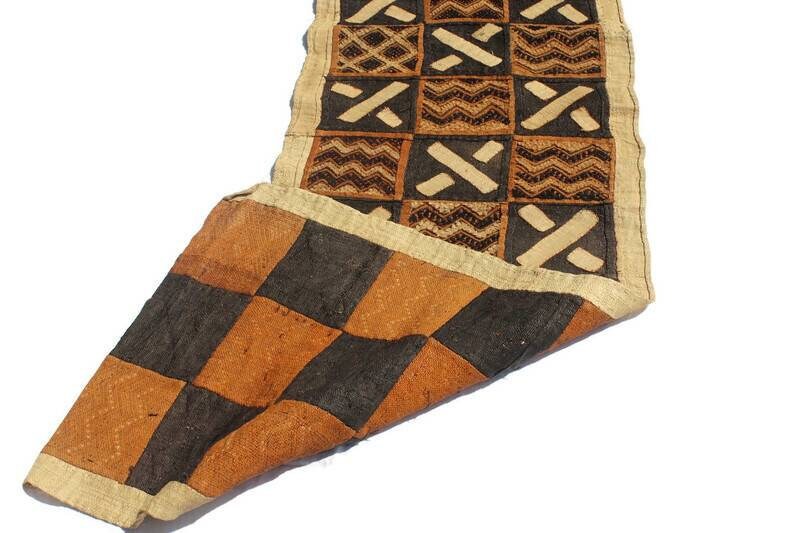 Authentic Congo Kuba, Shows Cloth fabric. Rafia palm fiber textile. Brown, beige, black, Orange African Home gifts, table runner/Wall Decor