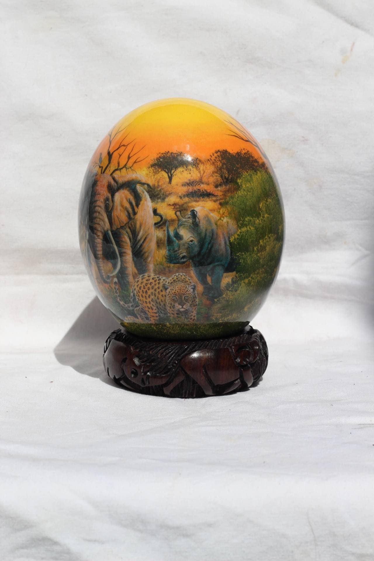 Sunset Themed Handpainted African Big Five Decoupage Art With African Map on an authentic Ostrich Egg Shell. Gifts for home/Office decor