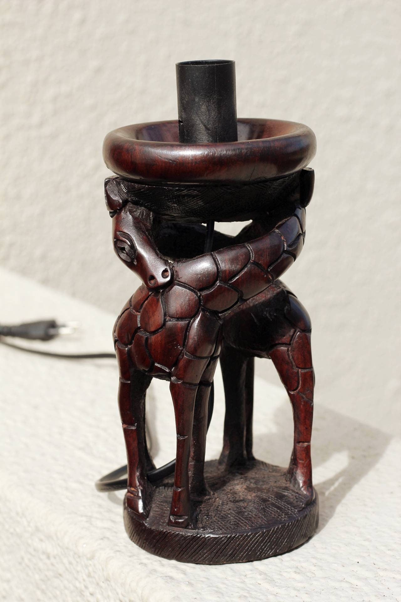 Giraffe Lovers Ebony Wood Ostrich Egg/ Ornament Lamp Stand. Malawian Handcarved Safari Art. African Lighting Gifts, Ready to Ship Express