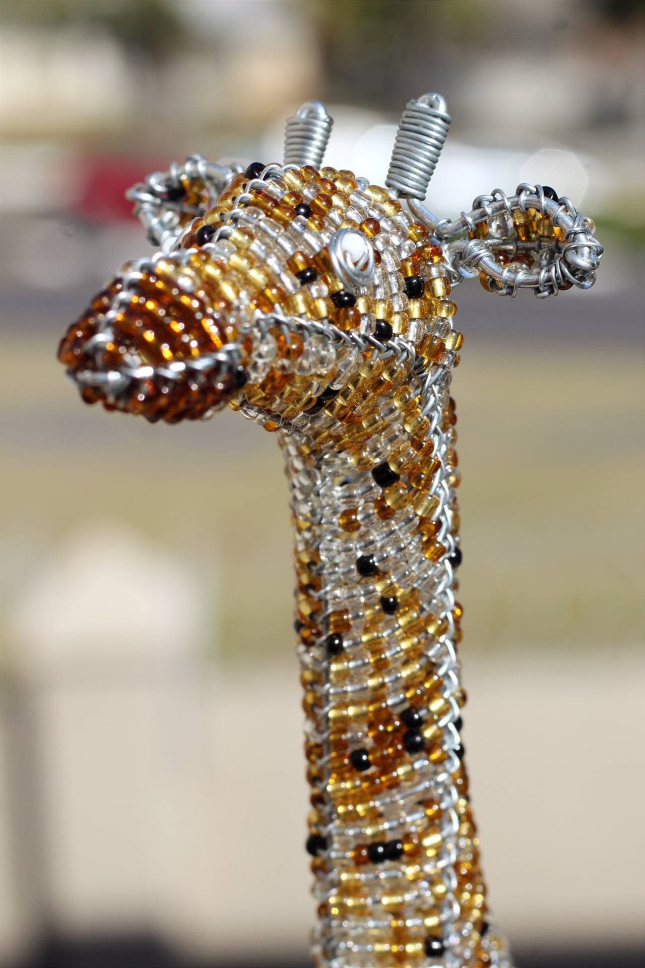 Tall Standing Gold and Brown 3D Beaded Giraffe. African animals art decor. Unique handcrafted Masterpiece by Job Guwhe. Made with love.