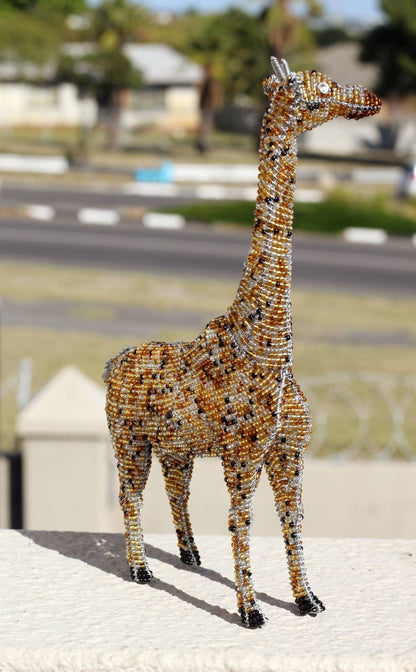 Tall Standing Gold and Brown 3D Beaded Giraffe. African animals art decor. Unique handcrafted Masterpiece by Job Guwhe. Made with love.