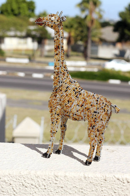 Tall Standing Gold and Brown 3D Beaded Giraffe. African animals art decor. Unique handcrafted Masterpiece by Job Guwhe. Made with love.