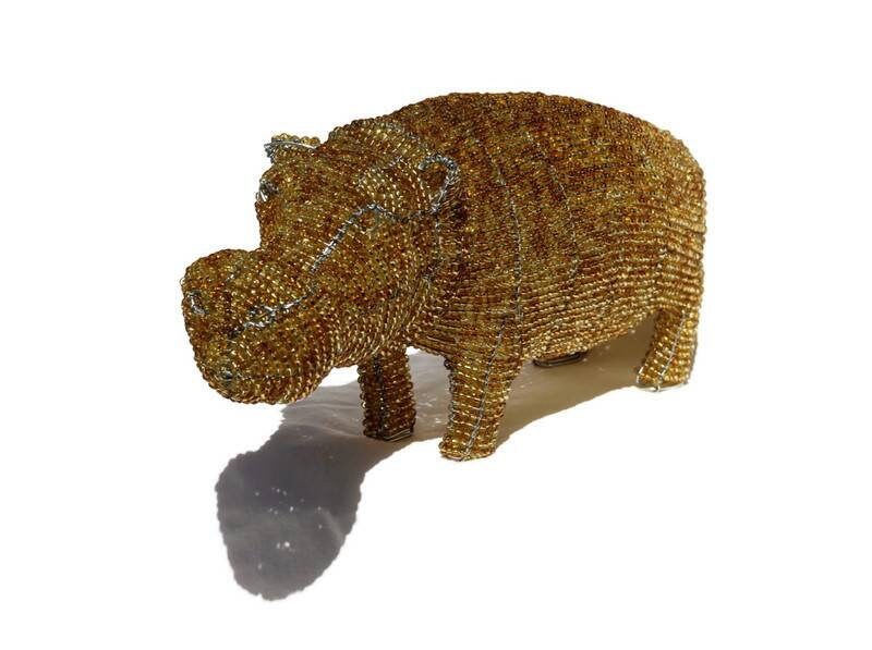 3D Beaded African Hippopotamus Sculpture. Brown/Gold  beads mix and wire handmade by Job Guwhe. African Art gifts/Souvenirs. Ships Express