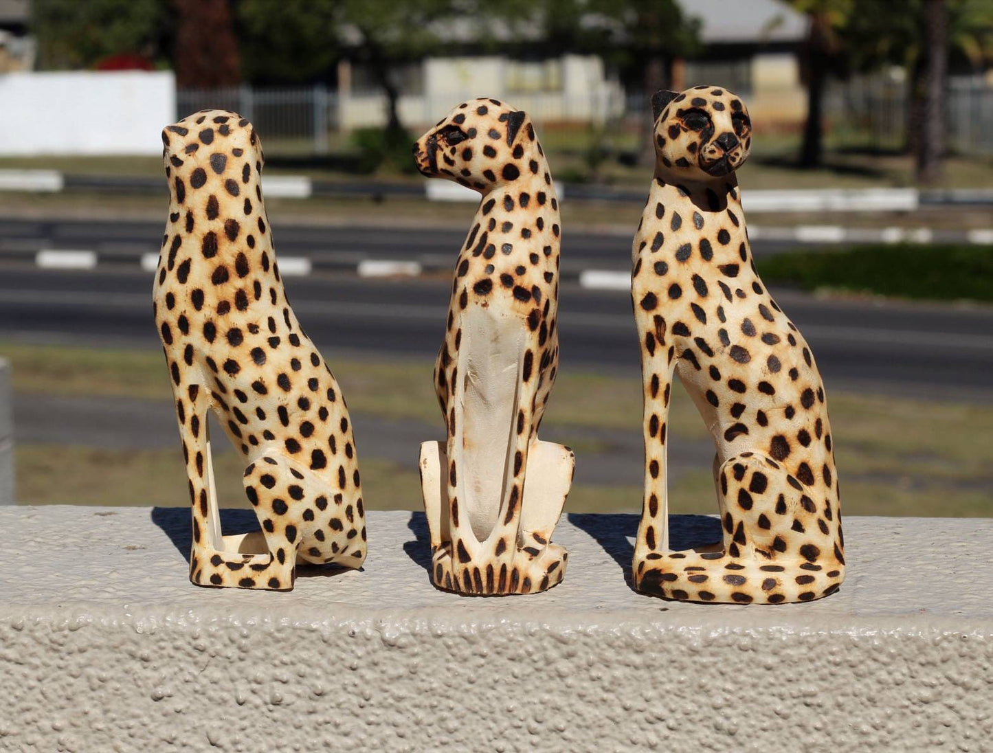 Family / Coalition of 3 Seating Cheetah Figurines. Jacaranda wood spotted hand carved Sculptures. African art Safari Decor. Express Shipping