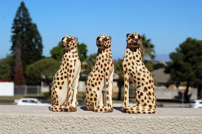 Family / Coalition of 3 Seating Cheetah Figurines. Jacaranda wood spotted hand carved Sculptures. African art Safari Decor. Express Shipping