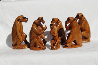 Family of 7 olive wood baboon/monkey set. Hand carved decor sculptures made in Zimbabwe. Smooth Brown wooden figurines. African Art Giftset.