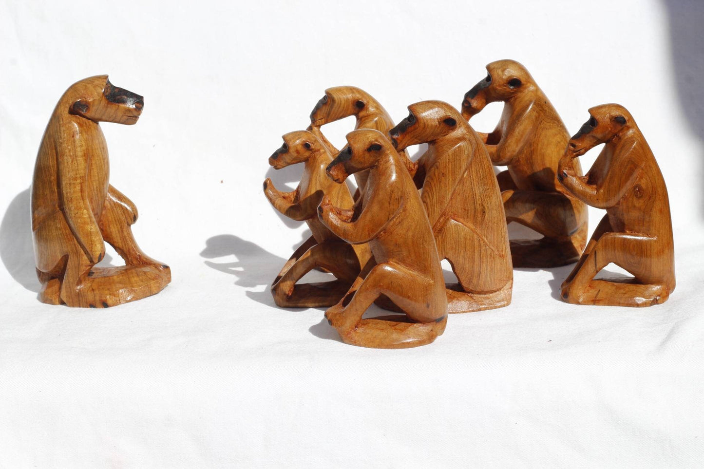 Family of 7 olive wood baboon/monkey set. Hand carved decor sculptures made in Zimbabwe. Smooth Brown wooden figurines. African Art Giftset.