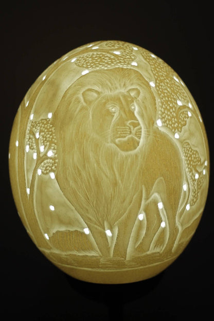 Fine Art Standing Lion Carved Ostrich Egg lampshade. One of a kind African lions under a tree. King of Jungle interior decor. Ship Express