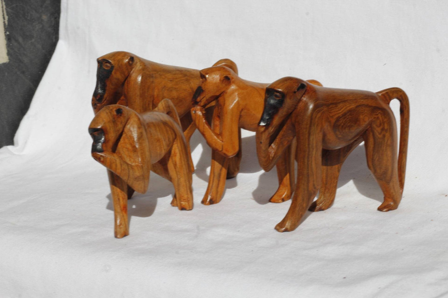 Family of 4 Olive wood Walking/Eating baboon/monkey carved sculptures. Polished Brown hand carved wooden figurines. African Art Gifts