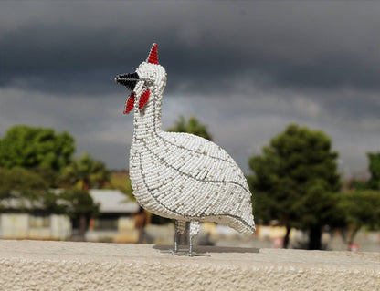 20cm Tall White beaded Guinea Fowl Sculpture by Job Guwhe. Glittery white, Rainbow glass beads African Art Gifts/Souvenirs. Express Shipping