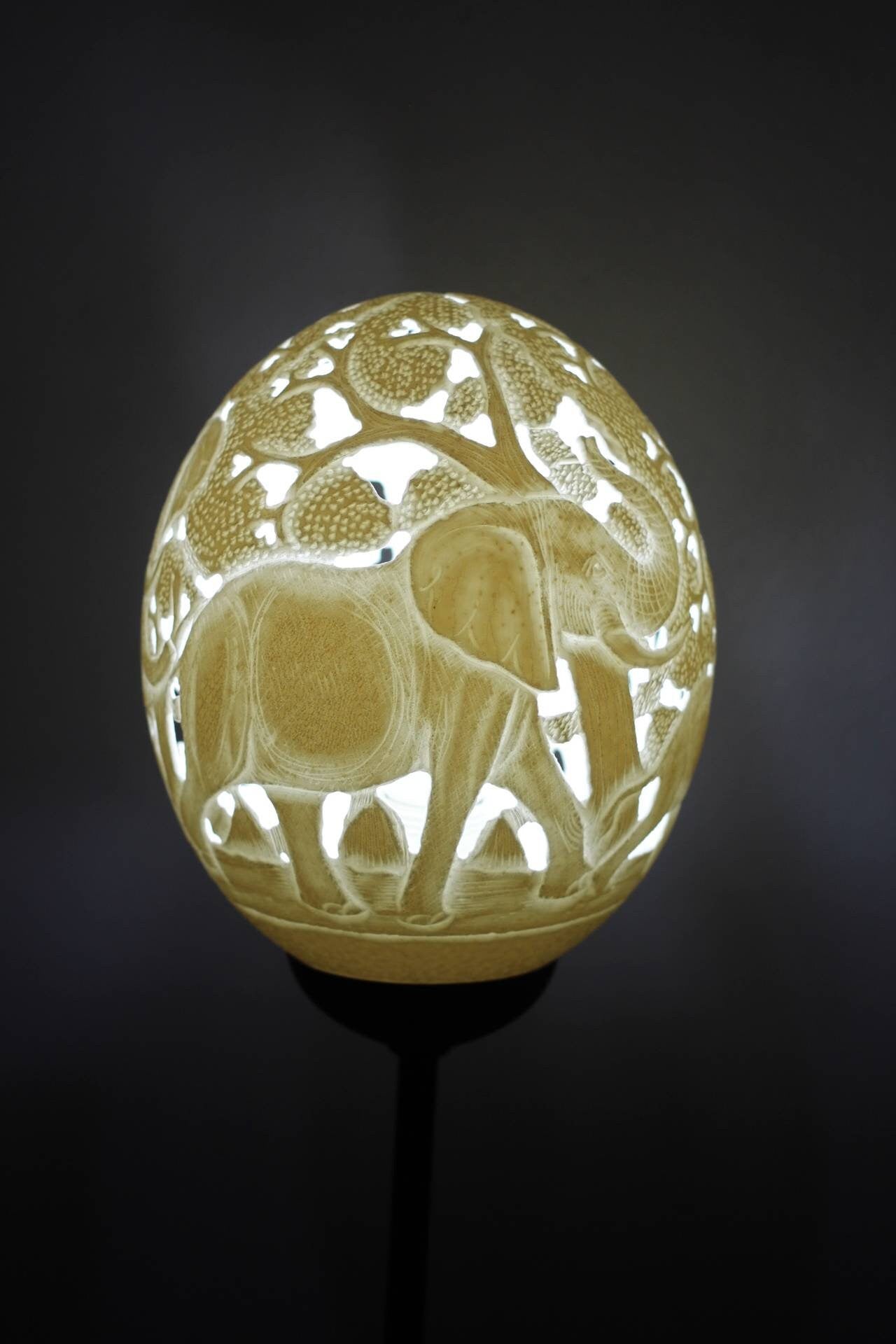 Ostrich Egg Fine Art carved Elephant Family Lampshade. Authentic shell with animals and tree cuttings Art. House warming/ office gifts