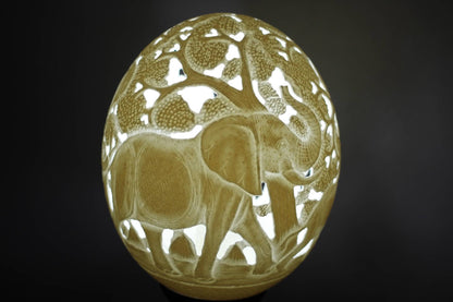 Ostrich Egg Fine Art carved Elephant Family Lampshade. Authentic shell with animals and tree cuttings Art. House warming/ office gifts