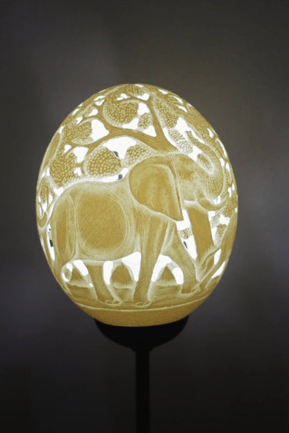 Ostrich Egg Fine Art carved Elephant Family Lampshade. Authentic shell with animals and tree cuttings Art. House warming/ office gifts