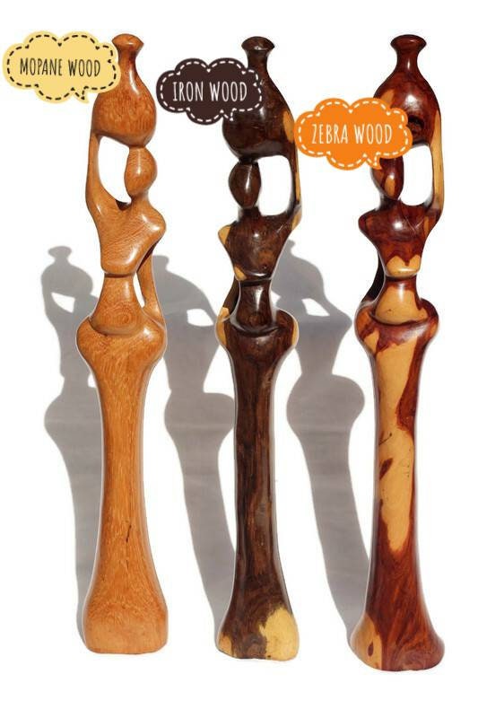 African Women Carrying Water Pots, Mix of Mukwa, Iron and Zebra Wood sculptures. Pair/Set of 3 Zambian Carved Wood Art Gifts. Ships Express