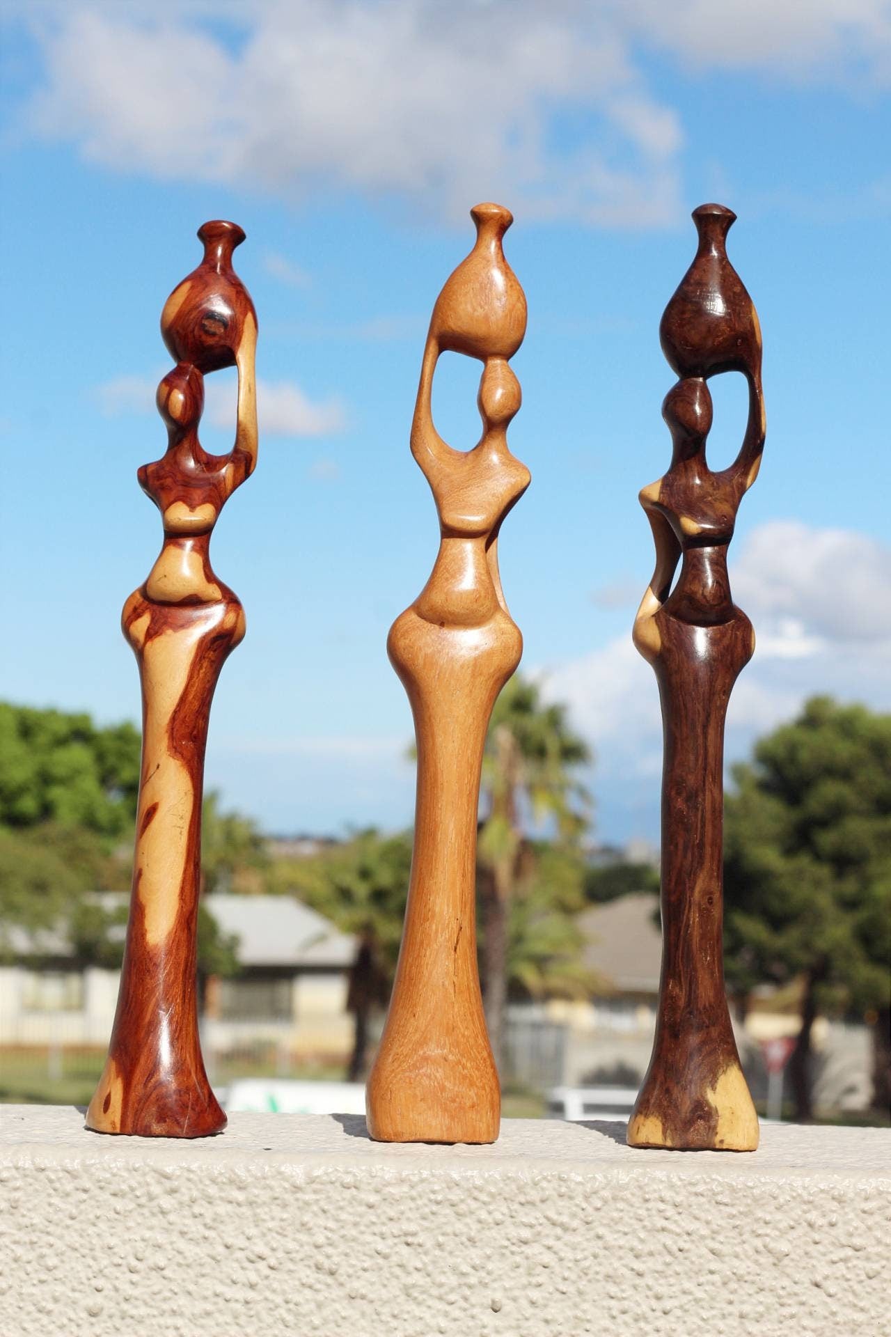 African Women Carrying Water Pots, Mix of Mukwa, Iron and Zebra Wood sculptures. Pair/Set of 3 Zambian Carved Wood Art Gifts. Ships Express