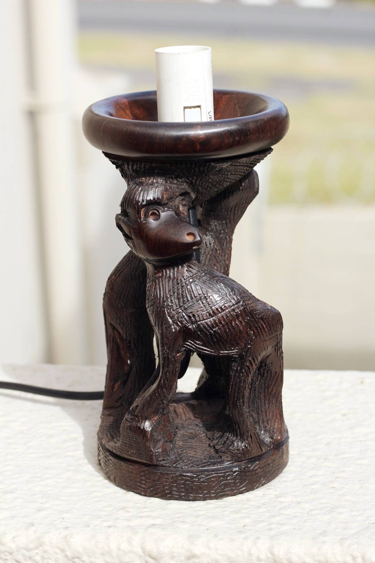 Monkey/Baboon Family Ebony Wood Ostrich Egg/ Ornament Lamp Stand. Malawian Handcarved Safari Art. African Lighting Gifts, Ship Express