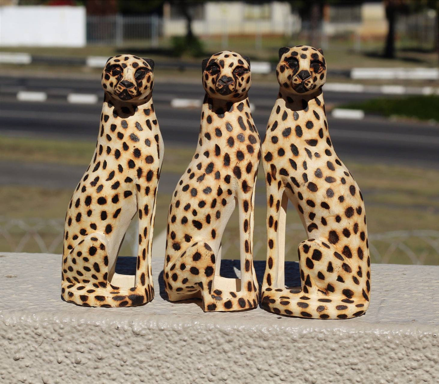 Family / Coalition of 3 Seating Cheetah Figurines. Jacaranda wood spotted hand carved Sculptures. African art Safari Decor. Express Shipping