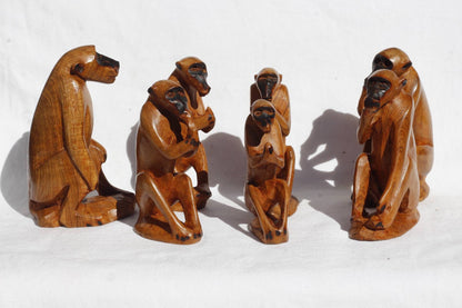 Family of 7 olive wood baboon/monkey set. Hand carved decor sculptures made in Zimbabwe. Smooth Brown wooden figurines. African Art Giftset.