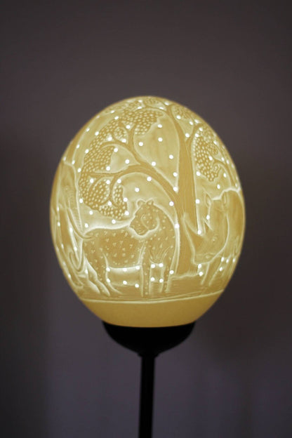 Ostrich Egg Fine Art African Big 5 animals carved Lampshade. Authentic shell with animals and tree cuttings Art. House warming/ office gifts