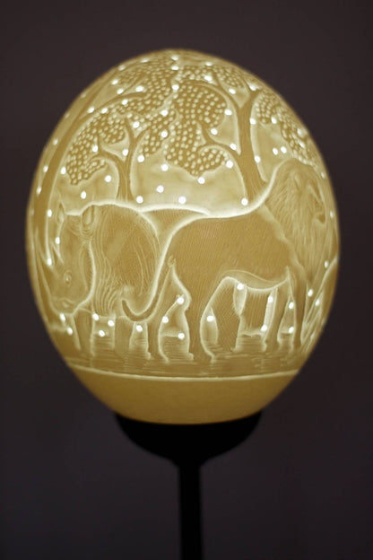 Ostrich Egg Fine Art African Big 5 animals carved Lampshade. Authentic shell with animals and tree cuttings Art. House warming/ office gifts