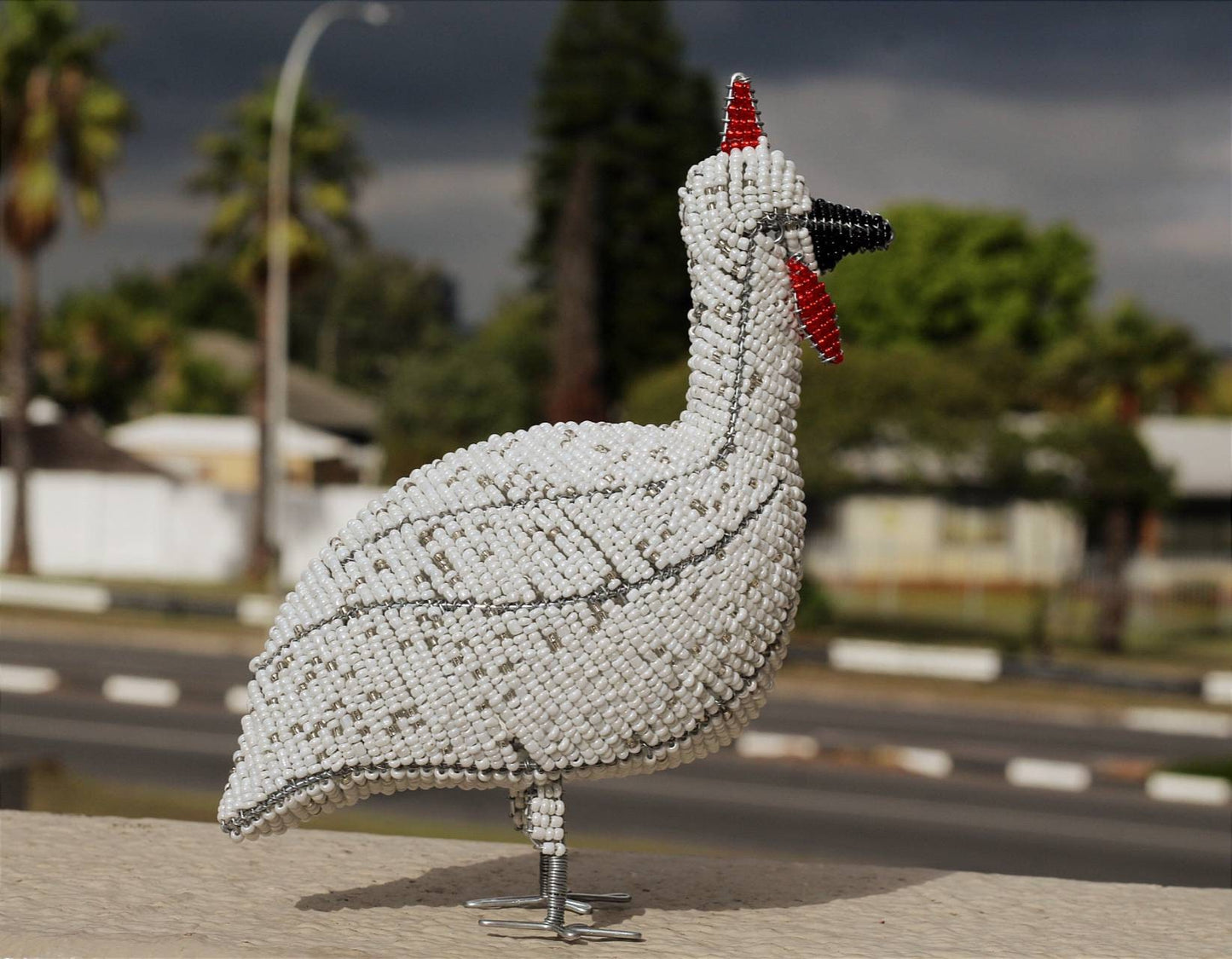 20cm Tall White beaded Guinea Fowl Sculpture by Job Guwhe. Glittery white, Rainbow glass beads African Art Gifts/Souvenirs. Express Shipping