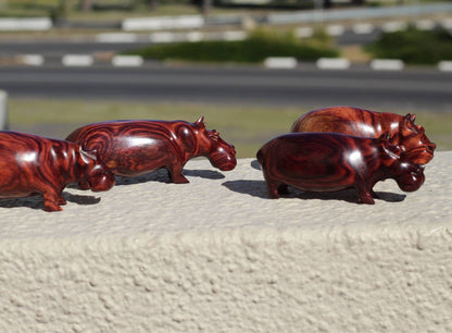 Schule mit 4 aus Zebraholz geschnitzten Mini-Nilpferdfiguren. Handgefertigte afrikanische Kunstskulpturen. Safari-Dekorationsgeschenke für Zuhause und Büro, versandfertig per Express