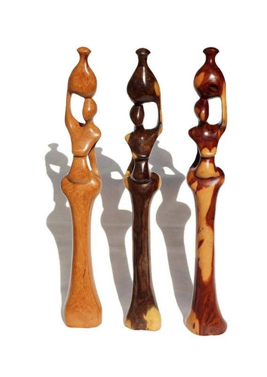 African Women Carrying Water Pots, Mix of Mukwa, Iron and Zebra Wood sculptures. Pair/Set of 3 Zambian Carved Wood Art Gifts. Ships Express