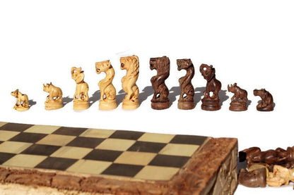 Leopard themed African Big Five Animals Chess Set Art.  Wooden Hand Carved Gaming board. Unpolished Foldable Birthday gifts. Ships Express