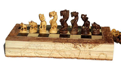 Leopard themed African Big Five Animals Chess Set Art.  Wooden Hand Carved Gaming board. Unpolished Foldable Birthday gifts. Ships Express