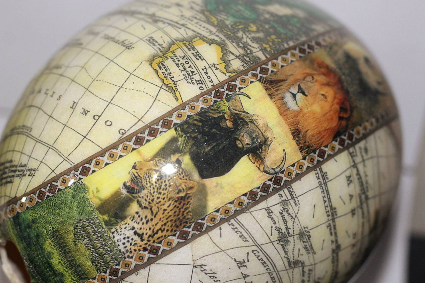 Decoupage World Map with Big 5 Animal heads on an extra Large Authentic Ostrich Egg Shell. Unique African Home Decor Gifts. Ships Express