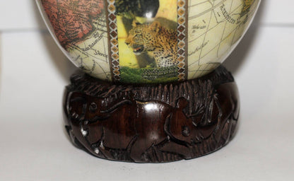 Decoupage World Map with Big 5 Animal heads on an extra Large Authentic Ostrich Egg Shell. Unique African Home Decor Gifts. Ships Express