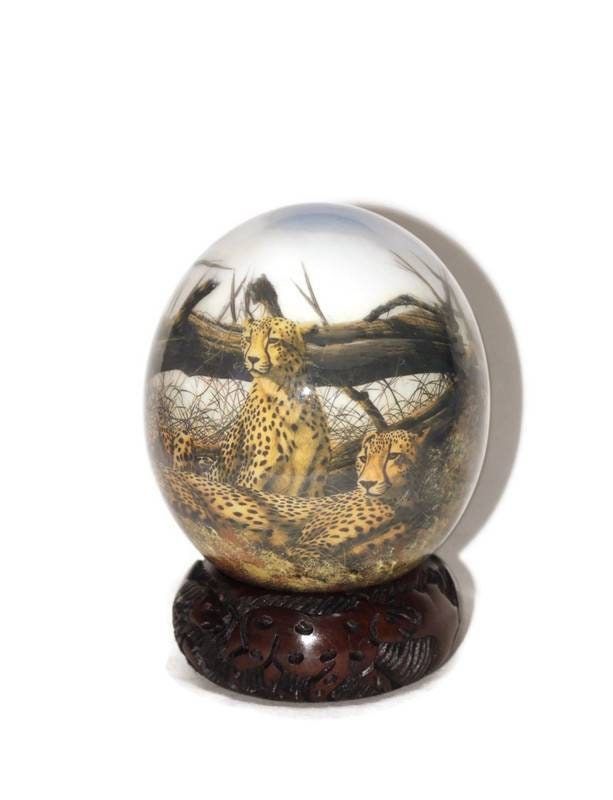 Cheetah Family Decoupage on an Authentic Ostrich Egg Shell. Unique African American Art Handmade ornaments. Express Shipping. Limited Stock