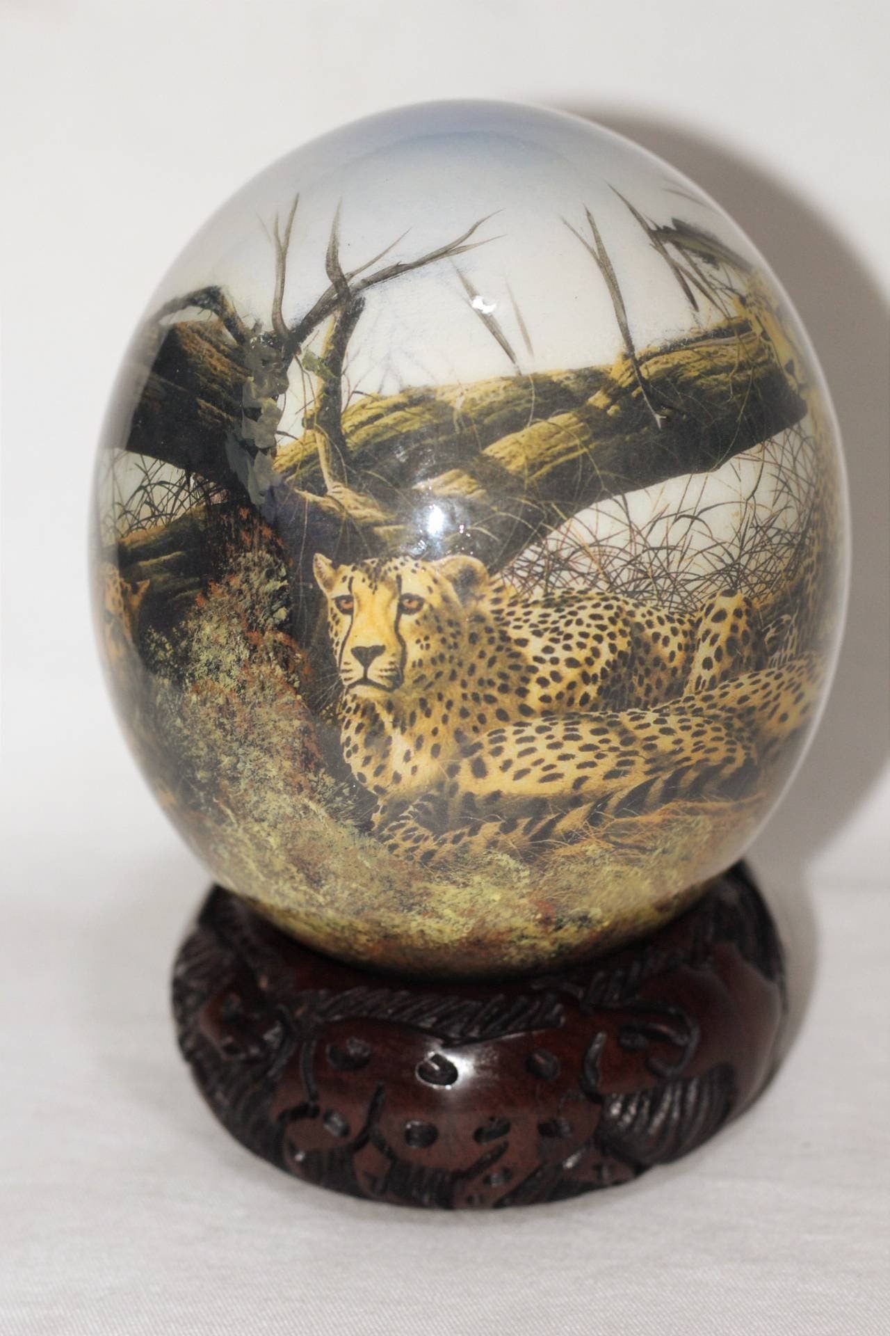 Cheetah Family Decoupage on an Authentic Ostrich Egg Shell. Unique African American Art Handmade ornaments. Express Shipping. Limited Stock