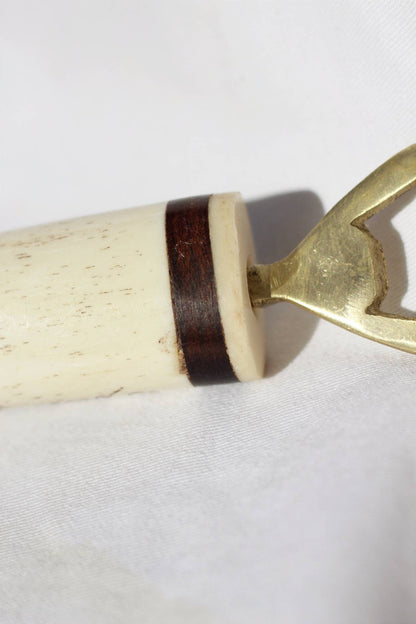 Scrimshaw Bone, Wood and Brass Bottle Opener. Zimbabwe hand carved Art, African Big 5, Zebra animal Theme Gifts. Express Shipping Worldwide