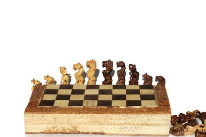 Leopard themed African Big Five Animals Chess Set Art.  Wooden Hand Carved Gaming board. Unpolished Foldable Birthday gifts. Ships Express