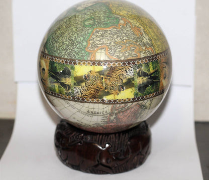 Decoupage World Map with Big 5 Animal heads on an extra Large Authentic Ostrich Egg Shell. Unique African Home Decor Gifts. Ships Express