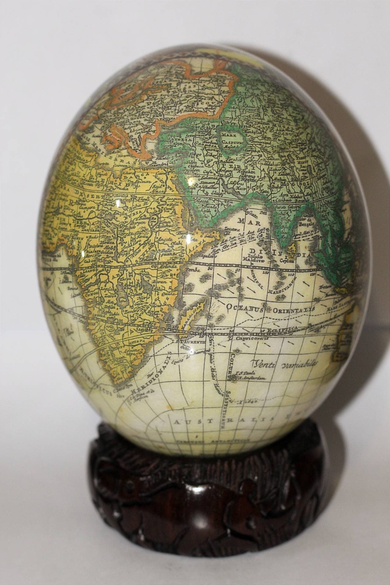 Decoupage World Map with Big 5 Animal heads on an extra Large Authentic Ostrich Egg Shell. Unique African Home Decor Gifts. Ships Express