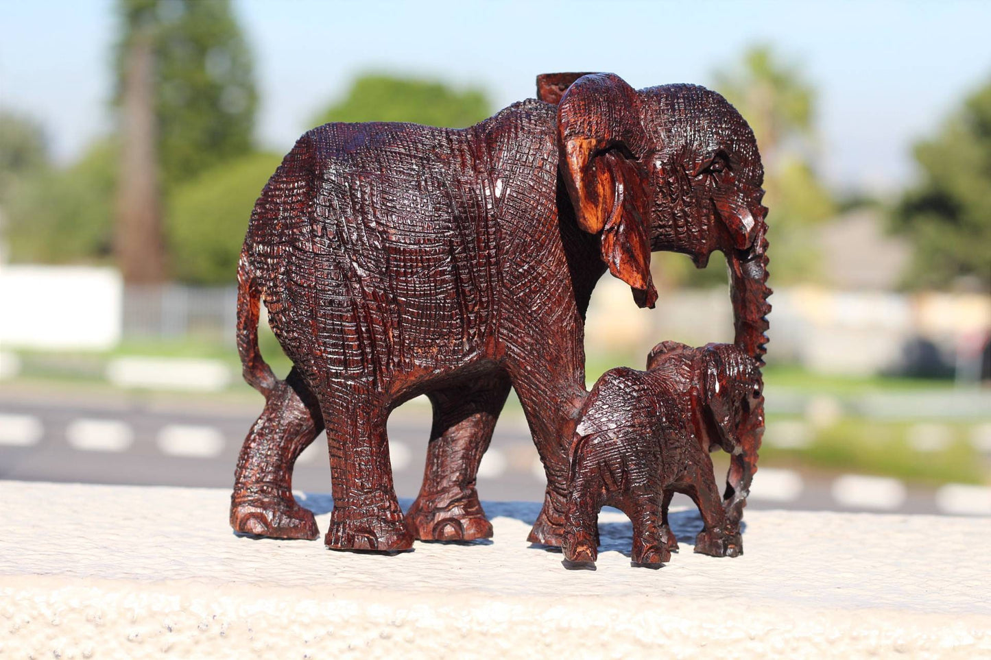 Mother Elephant and Calf Ironwood Sculpture. Zimbabwean handmade fully detailed lifelike figurines. African Big Five gifts Shipping Express