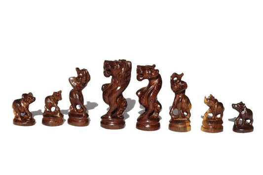 African Big Five Animals Chess Set. Amazing Zimbabwean handcarved Masterpieces. Olive and Ebony Wood Art Gifts.